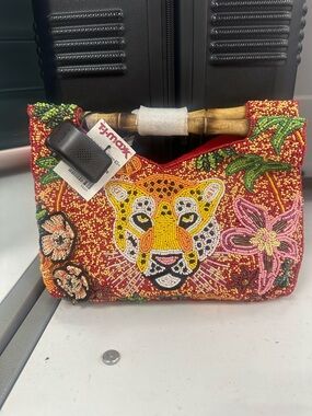 T.J.Maxx Red Beaded Jaguar Bamboo-Handle Shoulder Bag